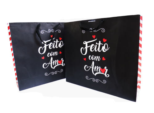 Sacola Offset Preta Grande (43 x 12 x 38 cm) c/ alça de Gorgurão Feito com Amor - 50 unidades