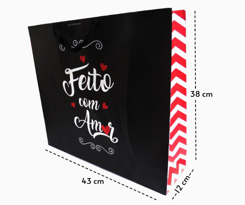 Sacola Offset Preta Grande (43 x 12 x 38 cm) c/ alça de Gorgurão Feito com Amor - 50 unidades