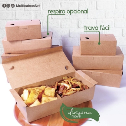 Embalagem Kraft Delivery c/ laminação Interna G (25,5 x 11 x 6 cm) c/ divisória - 100 unidades