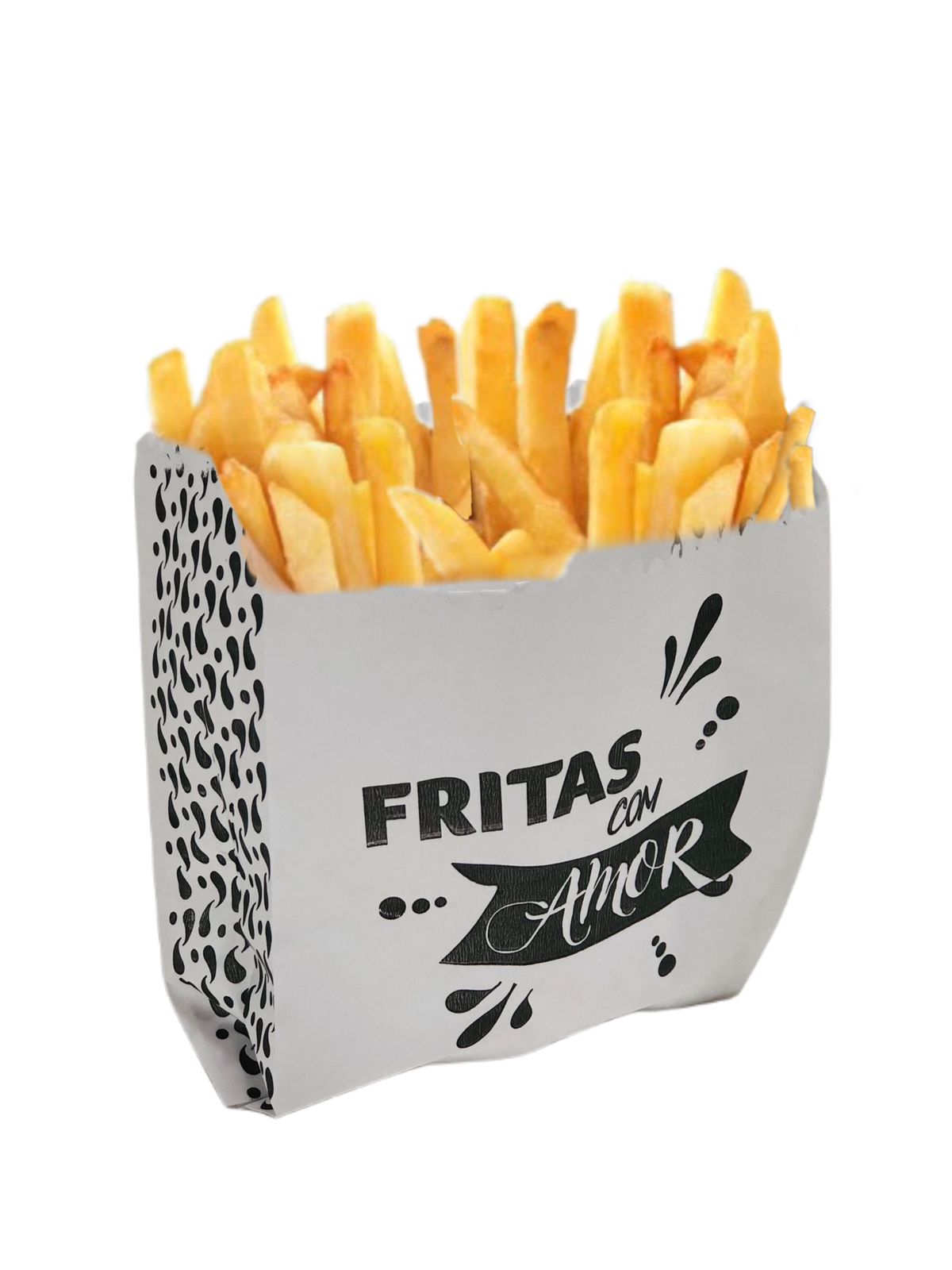 Saquinho Papel Branco p/ Batata Frita, Salgados, Hamburguer (10,5 x 5 x 13 cm) Fritas com amor - 500 unidades