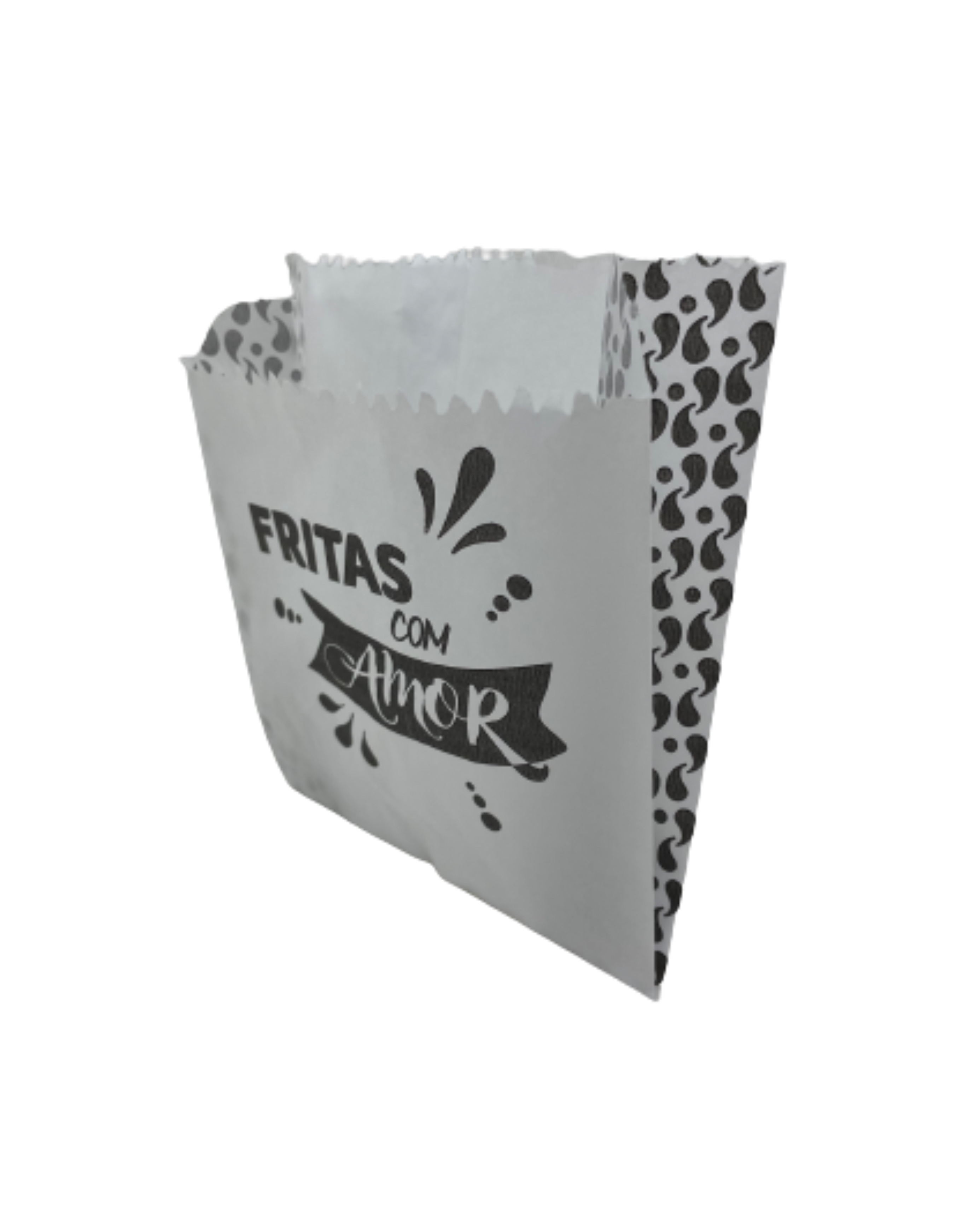 Saquinho Papel Branco p/ Batata Frita, Salgados, Hamburguer (10,5 x 5 x 13 cm) Fritas com amor - 500 unidades