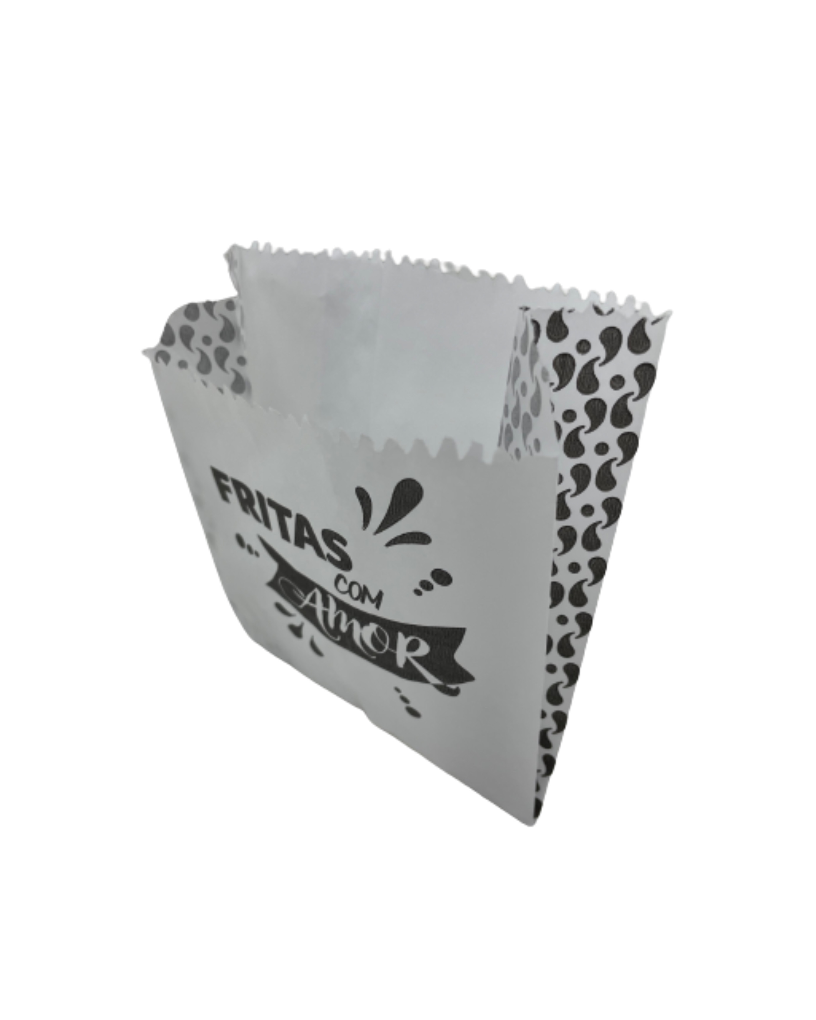 Saquinho Papel Branco p/ Batata Frita, Salgados, Hamburguer (10,5 x 5 x 13 cm) Fritas com amor - 500 unidades