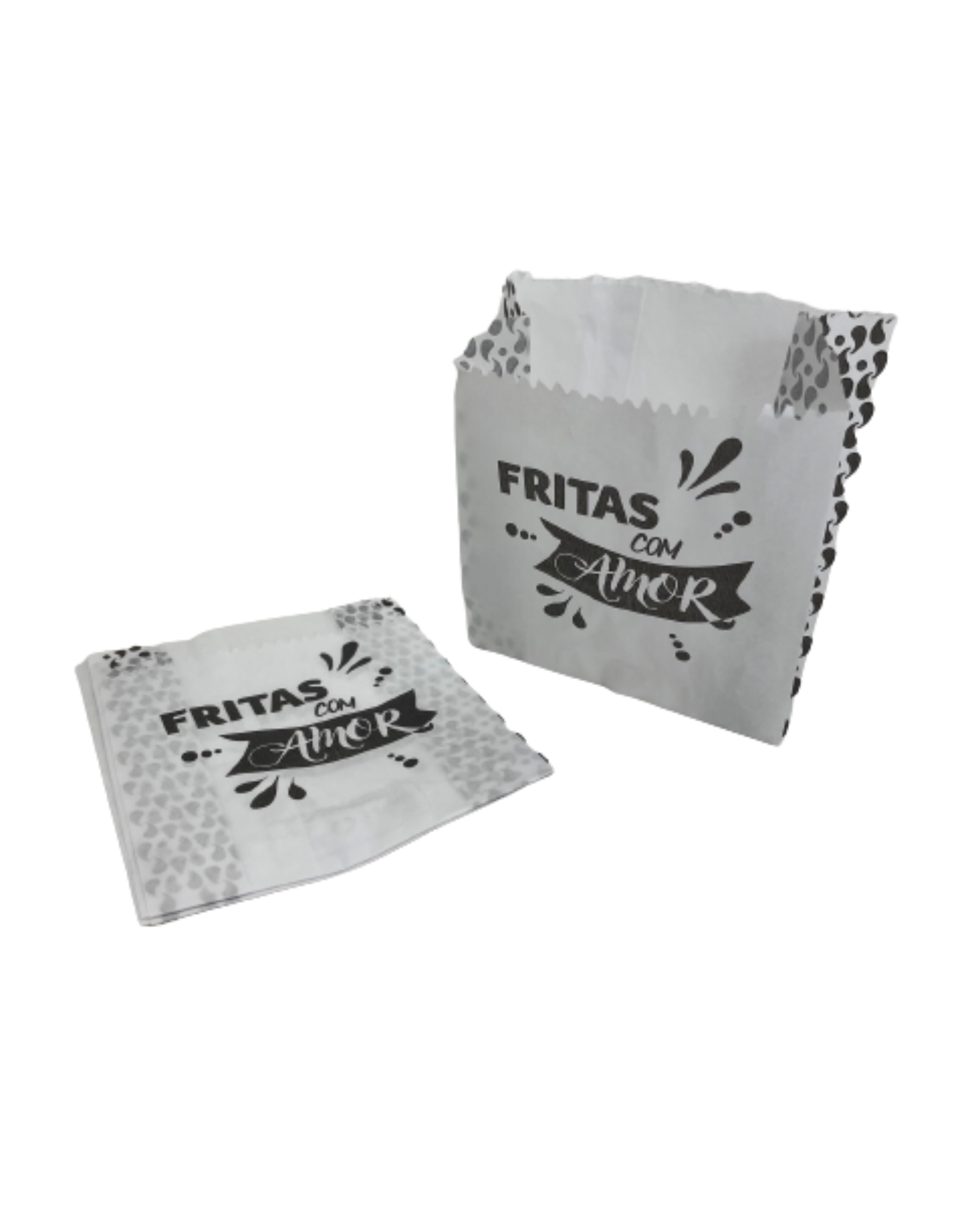 Saquinho Papel Branco p/ Batata Frita, Salgados, Hamburguer (10,5 x 5 x 13 cm) Fritas com amor - 500 unidades