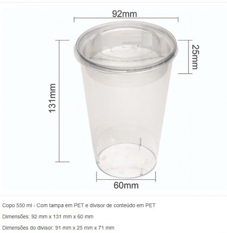 Copo plastico 550 ml cristal com tampa e berço Pet - 90 unidades