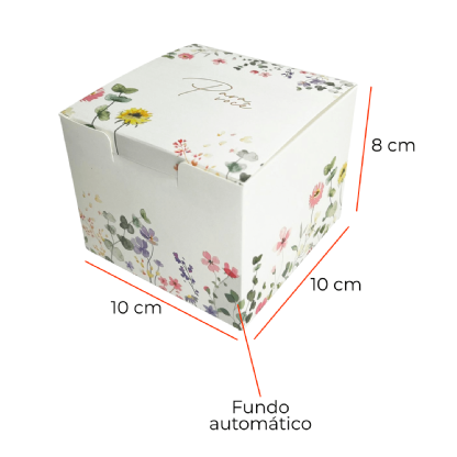 Caixa para doces ou mini bolos, medida 10 x 10 x 8 cm, design floral delicado, fundo automático, ideal para presentes ou produtos de confeitaria, vendida em lotes de 100 unidades