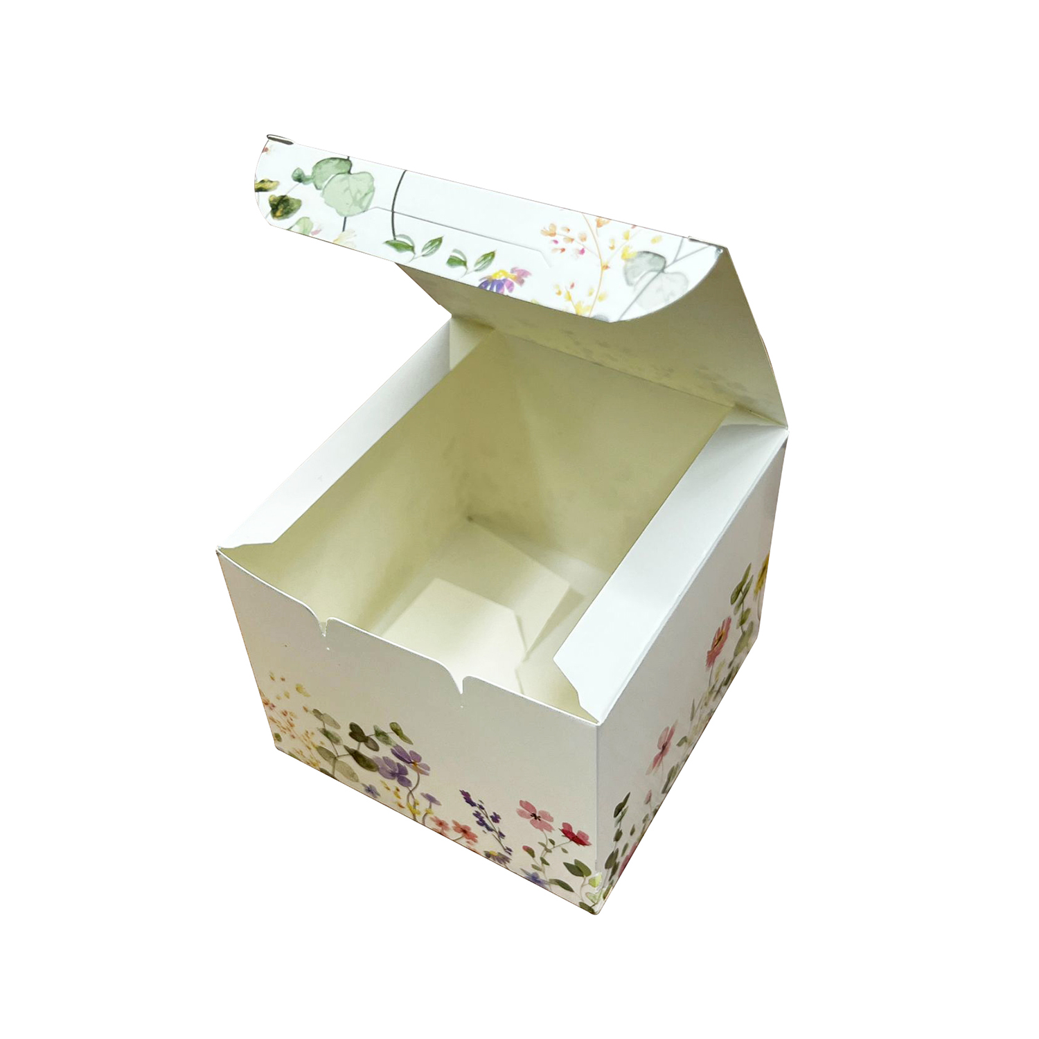 Caixa para doces ou mini bolos, 10 x 10 x 8 cm, padrão floral decorativo, ideal para presentes ou eventos especiais, prática e vendida em lotes de 100 unidades, valoriza produtos de confeitaria.