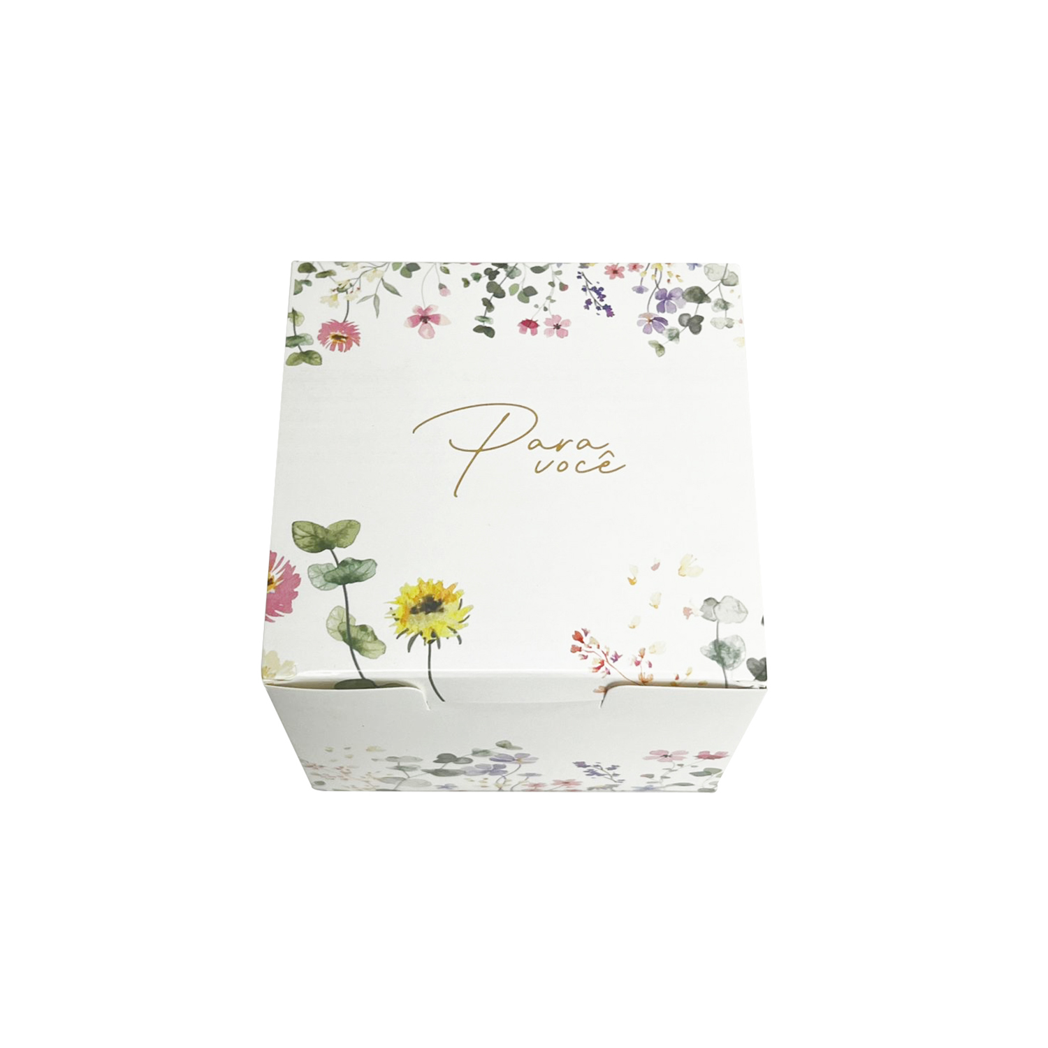 Caixa para doces ou mini bolos, 10 x 10 x 8 cm, design floral com mensagem Para você, ideal para presentes, lembrancinhas em festas, casamentos e eventos, vendida em lotes de 100 unidades.