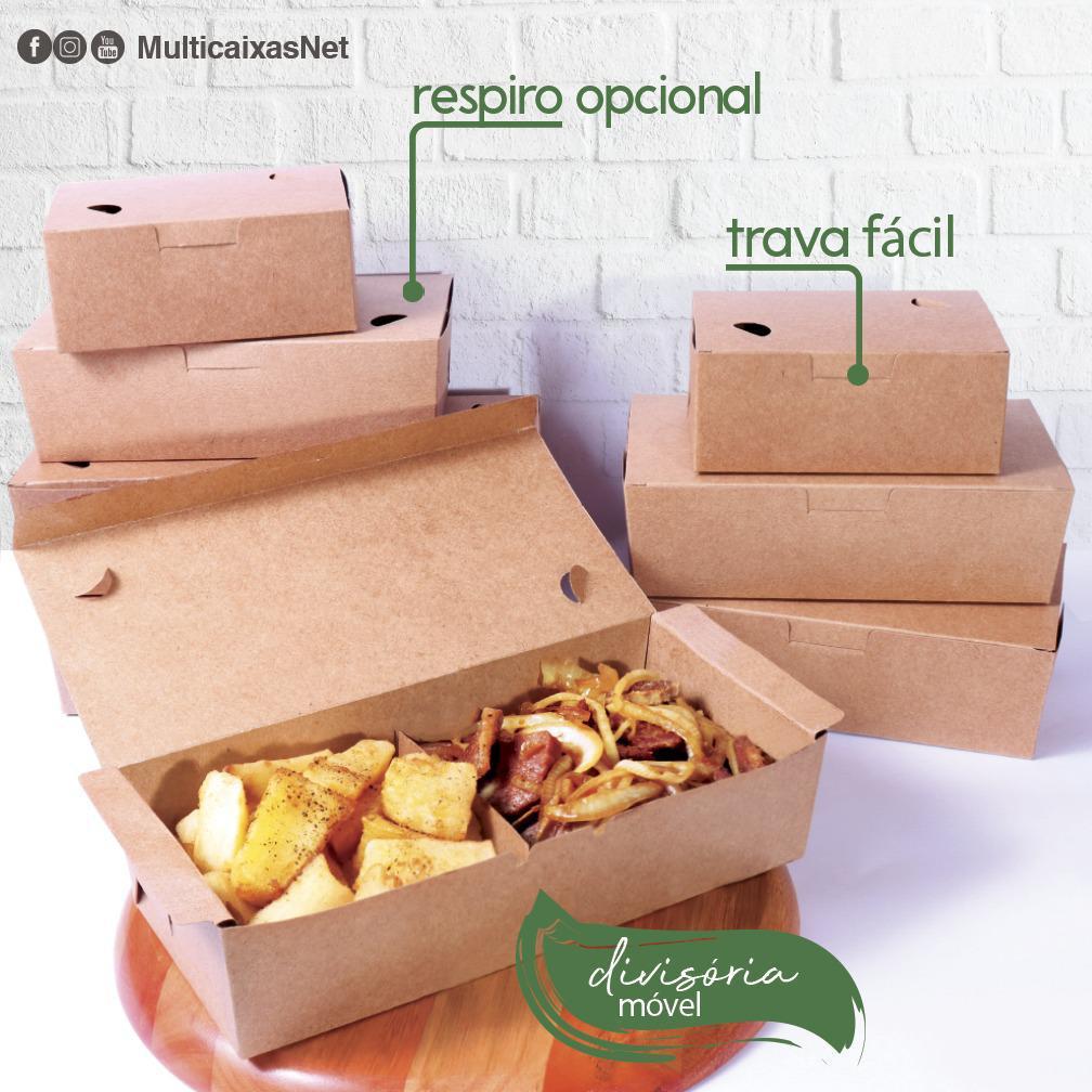 Caixas de papel Kraft 14x9x6 cm com laminação interna, respiro opcional, trava fácil e divisória móvel para separar batatas fritas e carne.