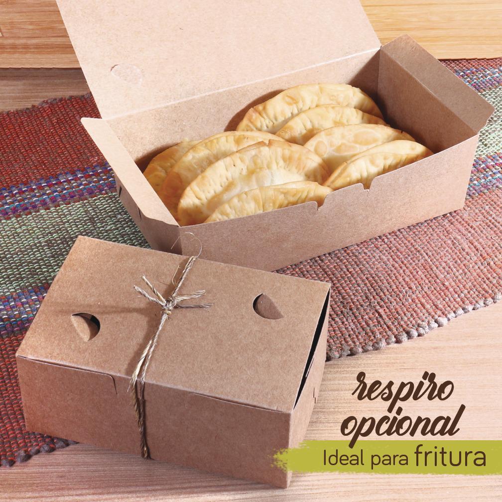 Caixas de papel kraft 14x9x6 cm com laminação interna, respiros opcionais ideais para embalar frituras, evitando vazamentos de óleo.