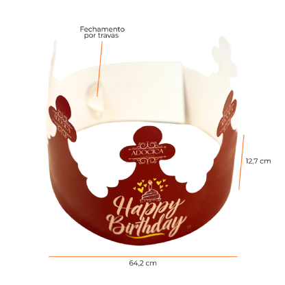 Cinta coroa personalizada com fechamento por trava ajustável e medidas indicadas.