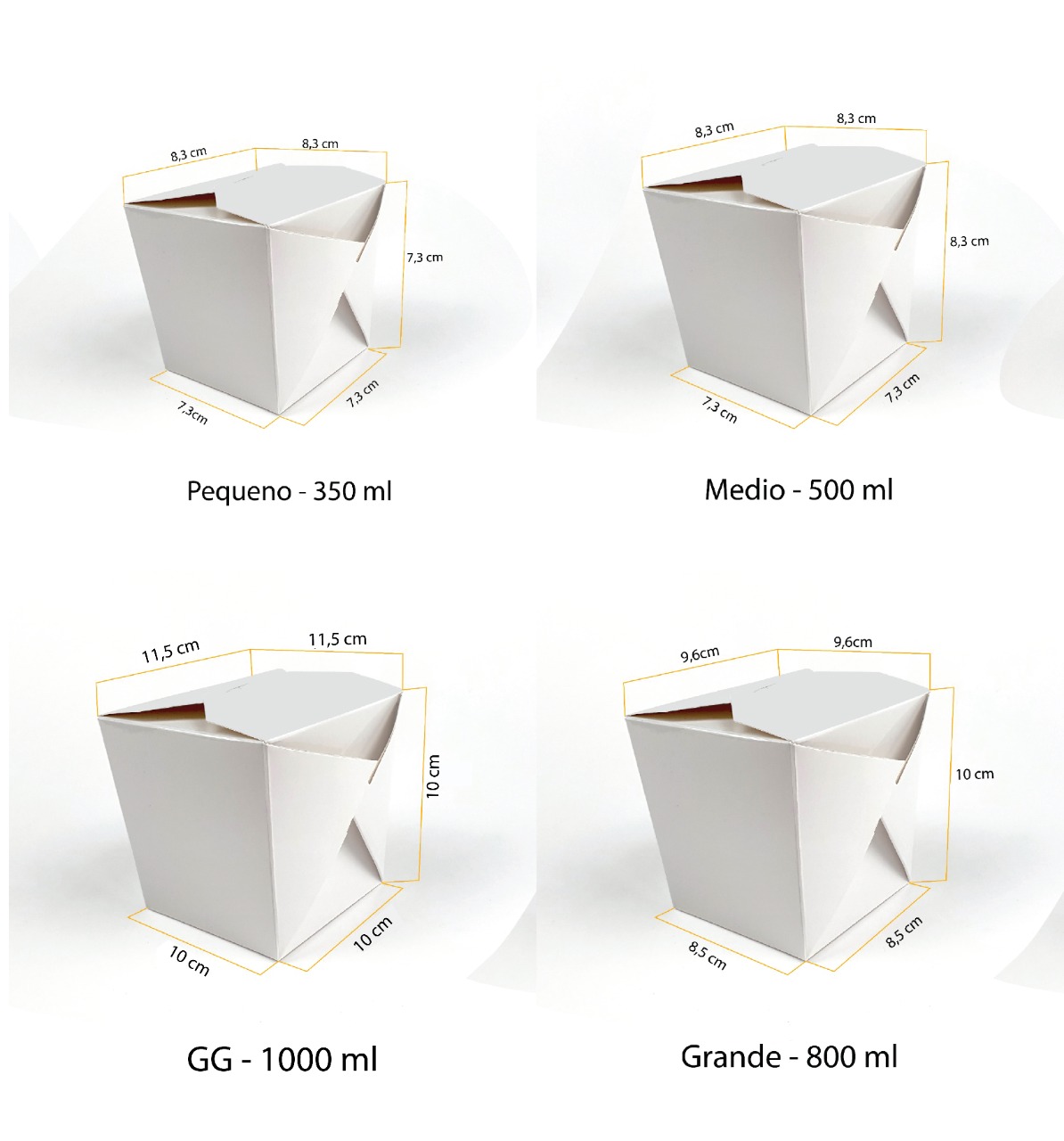 Imagem mostrando diferentes tamanhos de caixas brancas com divisórias, destacando o modelo GG com capacidade de 1000 ml, ideal para armazenamento de alimentos e delivery.