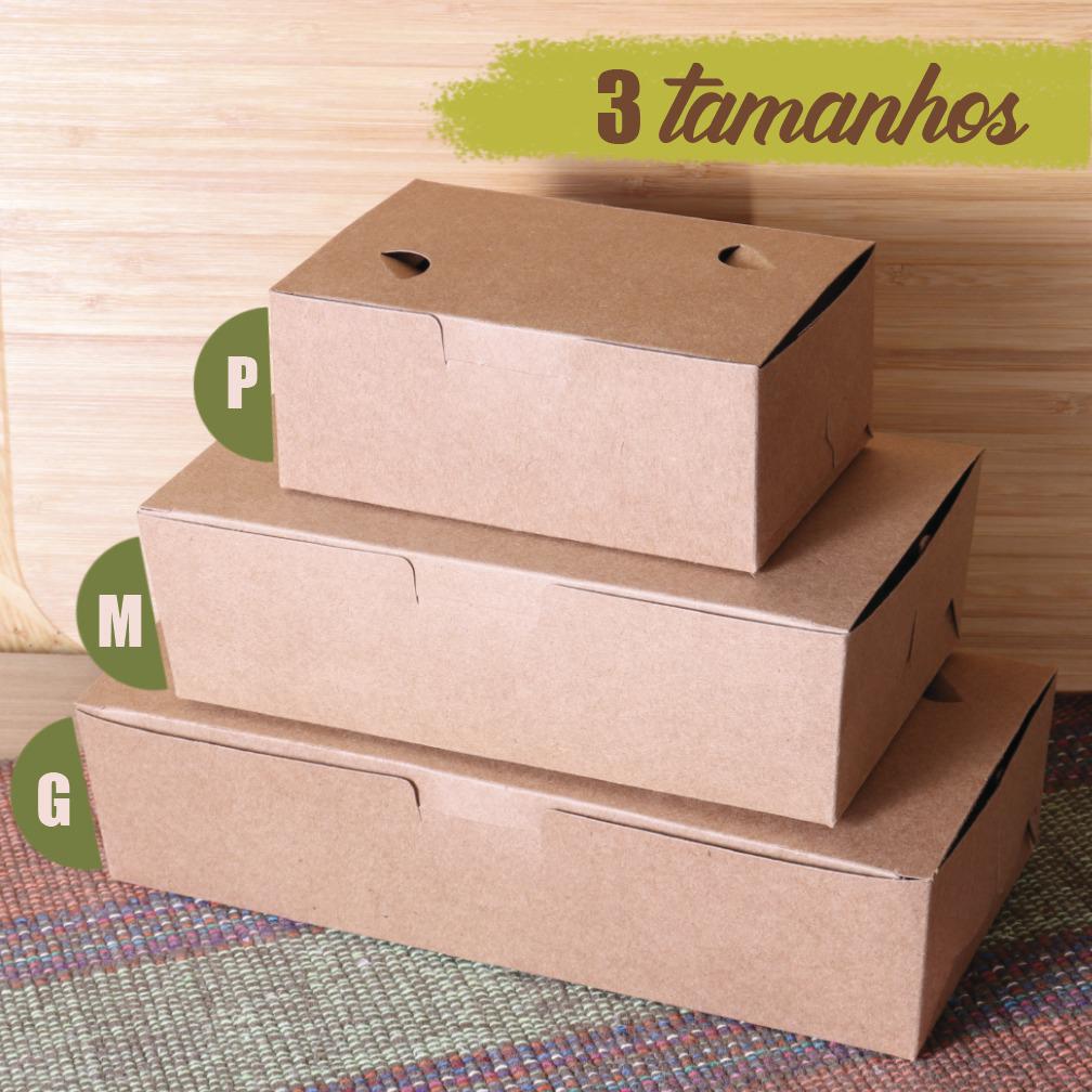 Embalagens de papel kraft com laminação interna, multifuncionais e ecológicas, destacando o tamanho pequeno de 14x9x6 cm para delivery.