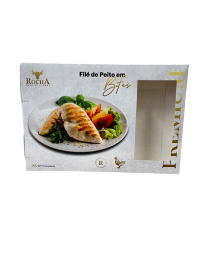 Caixa personalizada Rocha Premium para filé de peito congelado com visor transparente.