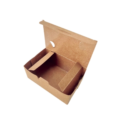 Embalagem kraft de delivery 14x9x6 cm com laminação interna, ideal para transportar alimentos com segurança e evitar vazamentos.