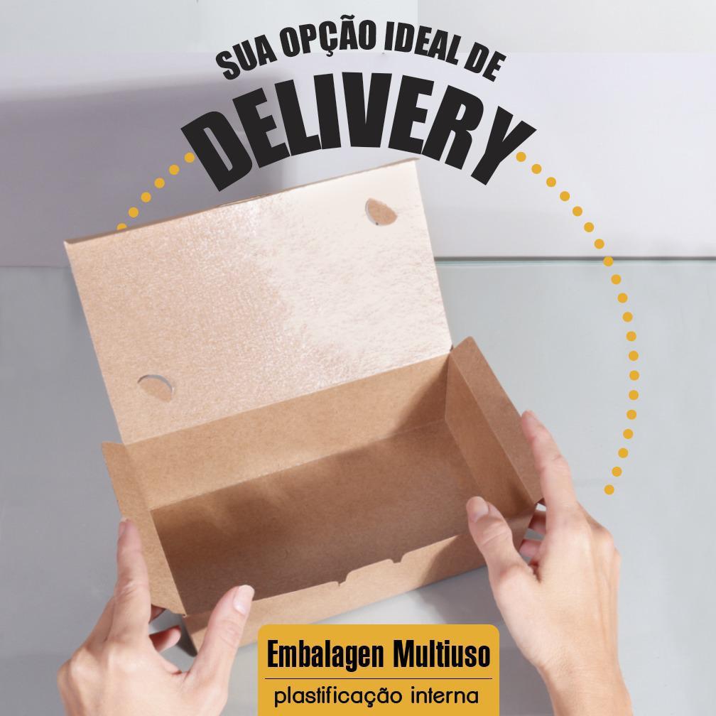 Embalagem de papel kraft para delivery 14x9x6 cm, com laminação interna, resistente à umidade e gordura, ideal para uso multiuso.