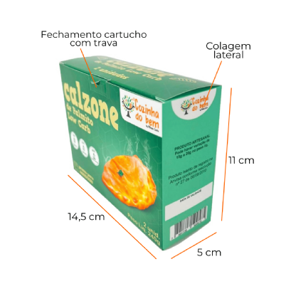 Foto da caixa de calzone com suas medidas externas indicadas