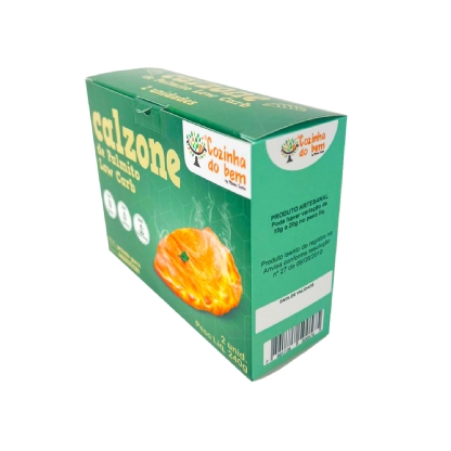 Embalagem de calzone personalizada vista inferior e lateral, com slogan âcomer bem, faz bem!â e informações nutricionais.