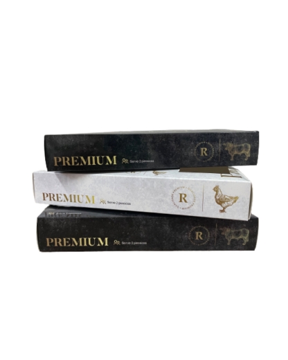 Caixas personalizadas Rocha Premium empilhadas com design elegante para carnes congeladas.