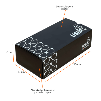 Caixa gaveta personalizada para óculos com luva preta 20x10x6cm â Multicaixasnet