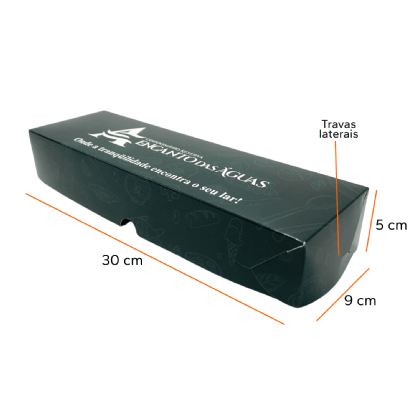 Embalagem retangular para marmita com medidas 30 x 9 x 5 cm e indicação das travas laterais.