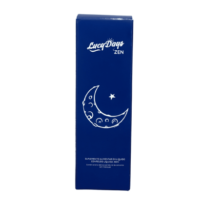 Frente da embalagem personalizada para sérum LucyDays ZEN com design azul