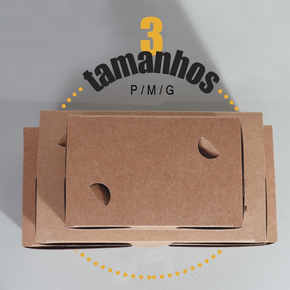 Três tamanhos de embalagens Kraft para delivery com laminação interna, destacando o tamanho 14x9x6 cm como uma opção prática e ecológica.