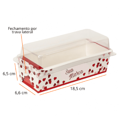 Forma forneável bolo inglês 390 g personalizada com tampa plástica transparente, medidas 18,5 x 6,6 x 6,5 cm e fechamento por trava lateral