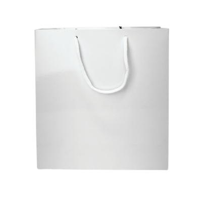 Sacola branca premium com plastificação, 21,5x8,5x23 cm, destacando cabos reforçados, ideal para compras sofisticadas.