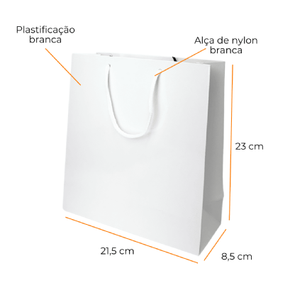 Sacola Branca Premium laminada, dimensões 21,5x8,5x23 cm, com alça de nylon, pacote de 10 unidades, ideal para presentes sofisticados.