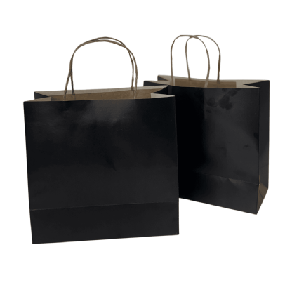 Sacola preta de papel duplex com alça torcida, dimensões de 21x10x20,5 cm, pacote com 10 unidades, ideal para presentes e compras.