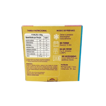 Verso da embalagem X-Burguer Calabresa com tabela nutricional, modo de preparo e ingredientes.