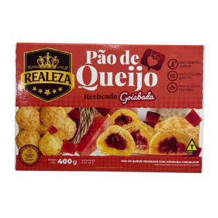 Embalagem frontal do Pão de Queijo Recheado com Goiabada da marca Realeza â 400g. Design em vermelho com destaque para o recheio e selo âPronto para Assarâ.