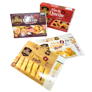 Conjunto de embalagens da linha de Pão de Queijo Realeza com sabores variados: goiabada, calabresa com requeijão, dois queijos e requeijão.