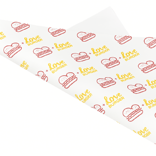 Papel antigordura personalizado, ideal para envolver hamburgueres e lanches, dimensões de 40 x 44 cm, absorve gordura e protege alimentos