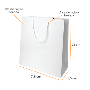 Sacola Branca Premium laminada, dimensões 21,5x8,5x23 cm, com alça de nylon, pacote de 10 unidades, ideal para presentes sofisticados.