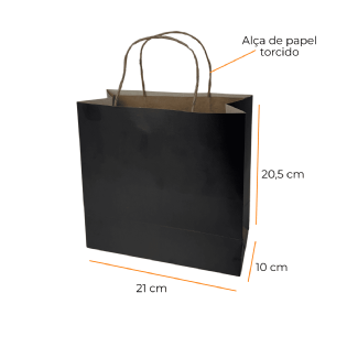 Sacola duplex preta com alça de papel torcido, medidas 21x10x20,5 cm, pacote de 10 unidades, ideal para presentes e uso em eventos.