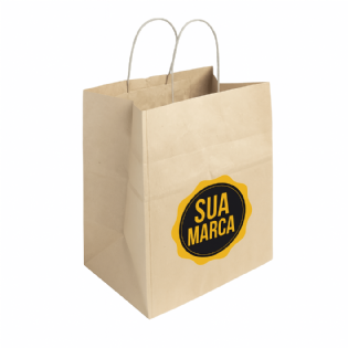 Sacola kraft personalizada exibindo o design da escrita e alças de papel torcido em cores variadas.