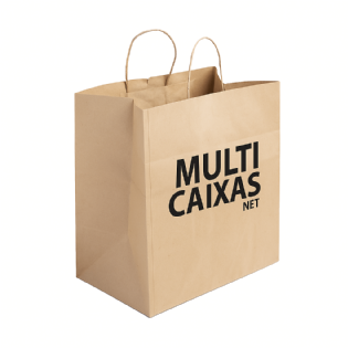 Sacola kraft personalizada mostrando o design da escrita e alças de papel torcido coloridas.