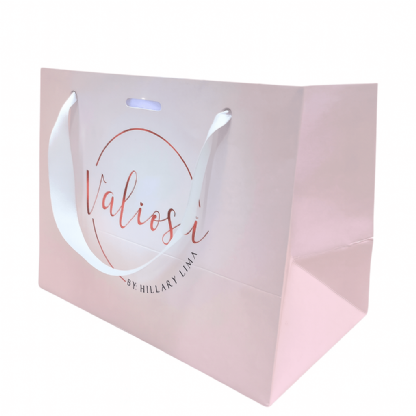 Sacola de papel offset 180g, personalizada com a marca "Valiosi", medida 20x11x15 cm, ideal para lojas que desejam uma apresentação elegante.