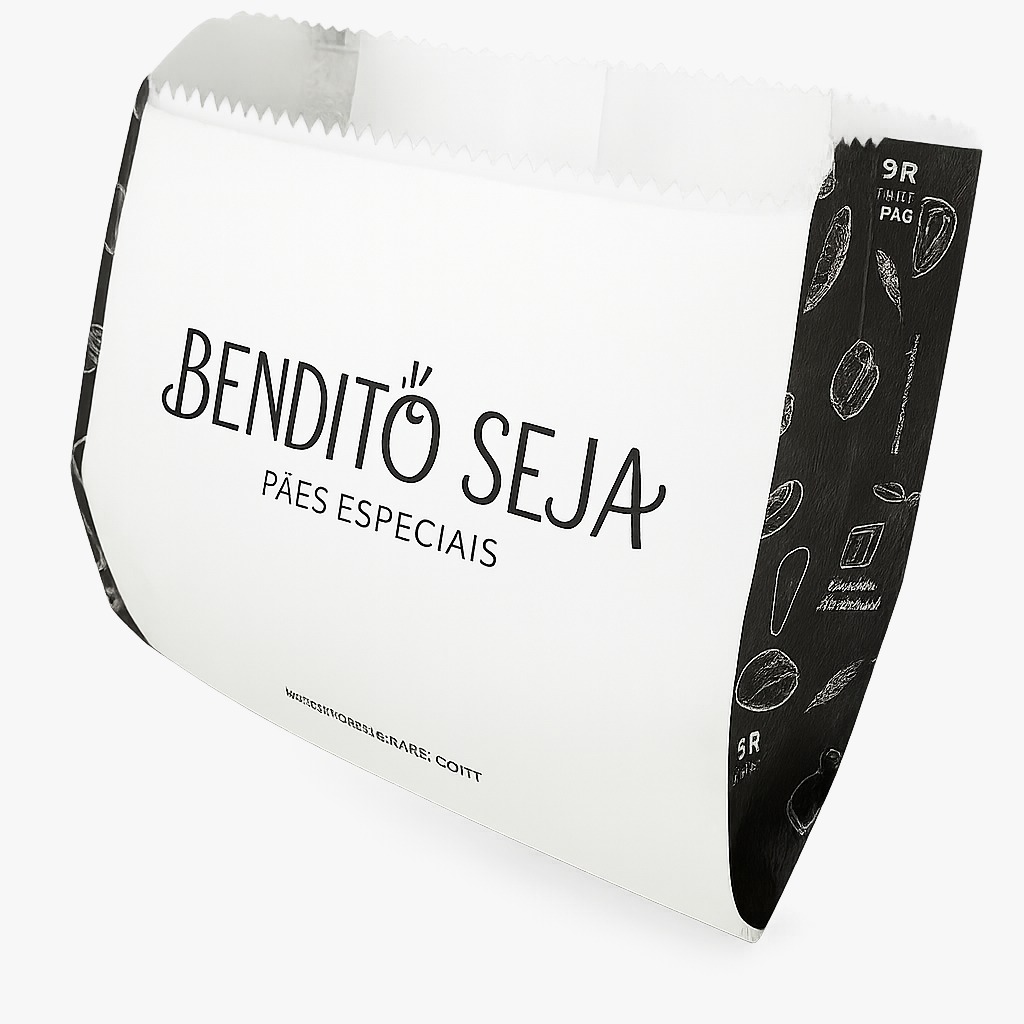 Lateral do saquinho de papel aberto com design da arte e dobras laterais expostas.