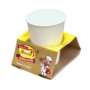 Suporte para copo personalizado em papel empastado com logo Restaurante Rosário.