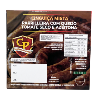 Verso da embalagem personalizada para linguiça refrigerada com informações nutricionais e composição â Multicaixasnet