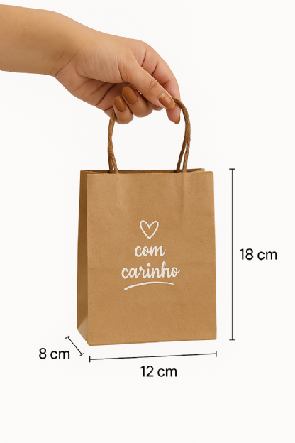 Sacola Kraft Pequena (12 x 8 x 18 cm) Com Carinho - 100 Unidades