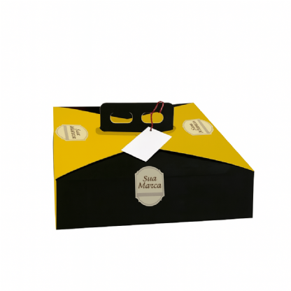 Embalagem montada e pronta para uso, ilustrando como a arte do cliente se destaca na caixa personalizada.