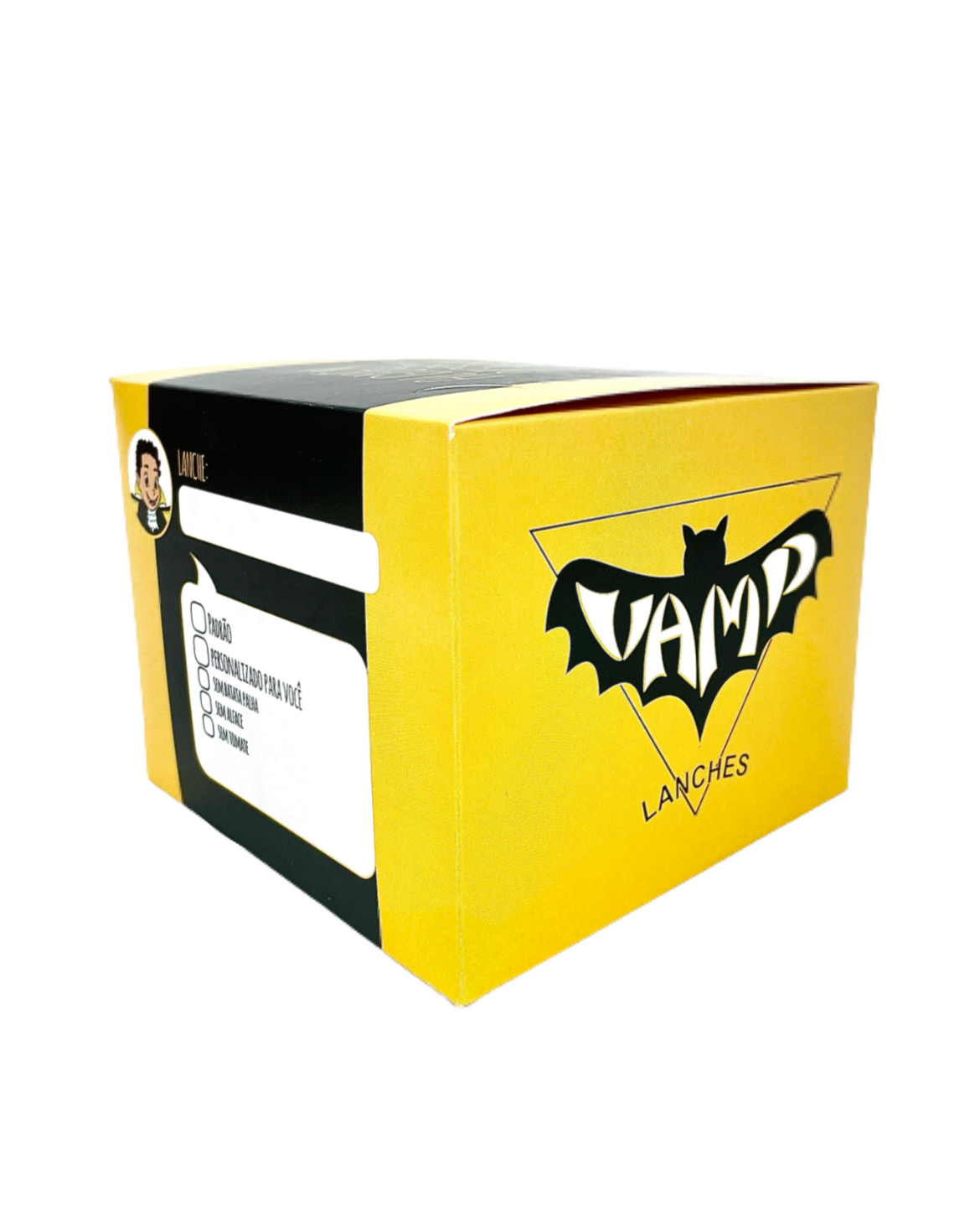 Embalagem de cartonagem para lanche gourmet, tamanho 12,5 x 12,5 x 10 cm, personalizada com o tema "Vamp Lanches", design moderno e ideal para apresentações diferenciadas.