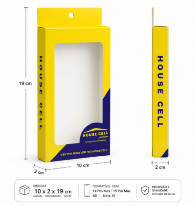 Embalagem p/ capinha de Celular c/ Visor Vazado (10 x 2 x 19 cm) Personalizada