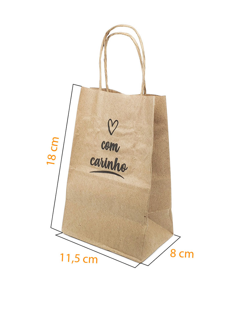 Sacola Kraft Pequena (12 x 8 x 18 cm) Com Carinho - 100 Unidades