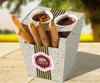 Embalagem para Churros Espanhol c/ 2 Porta Molho (8 x 11,5 x 12 cm) Personalizada
