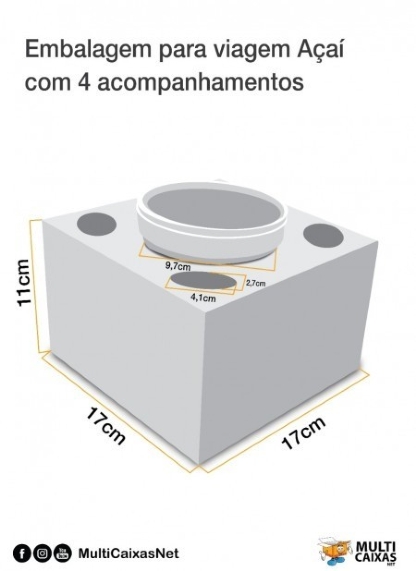 Embalagem p/ viagem Açai c/ 4 acompanhamentos (17x17x11 cm) Personalizada