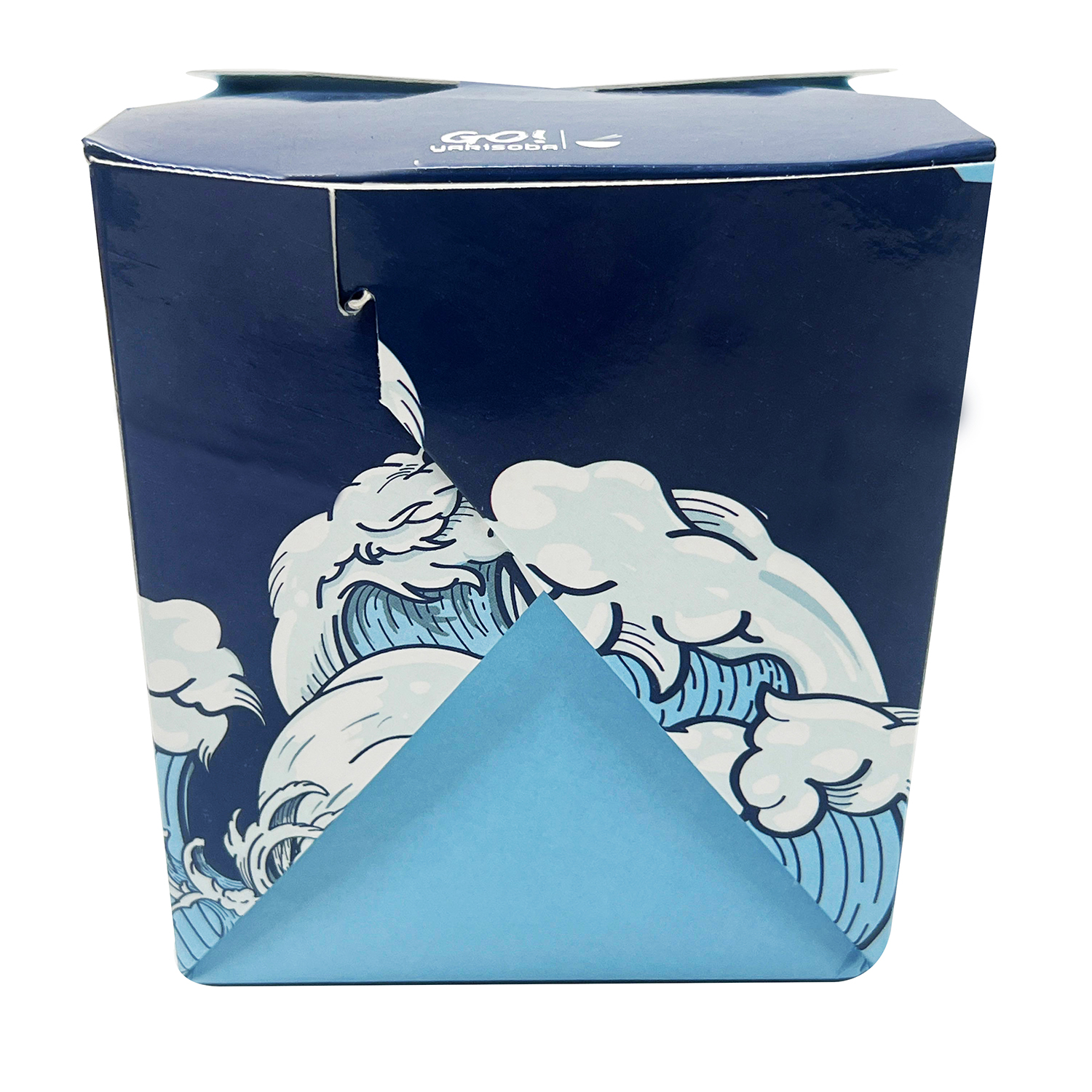 Embalagem estilo box, 800 ml, design personalizado com tema de ondas e nuvens em azul, ideal para delivery de alimentos